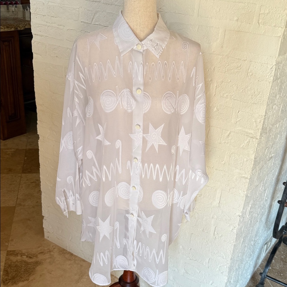 White Sheer Button-Up Shirt with Star Pattern